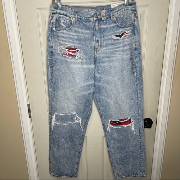 NWT American Eagle Highest Rise 90's Boyfriend Distressed Blue Jeans Plus Sz 16 - Picture 1 of 7